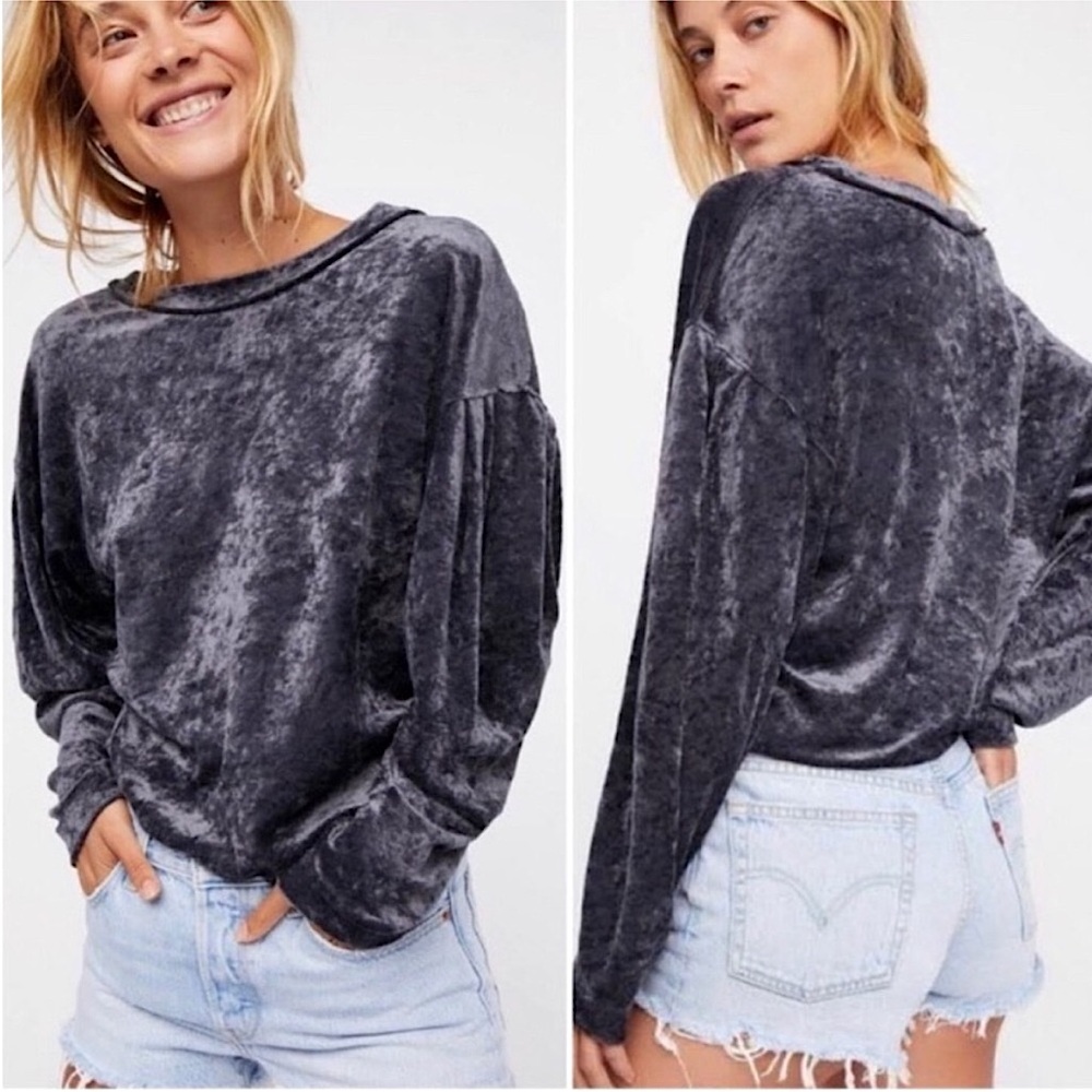 BRAND NEW - FREE PEOPLE Milan Crushed Velvet Sweater Top (Grey/Blue) (Size XS)